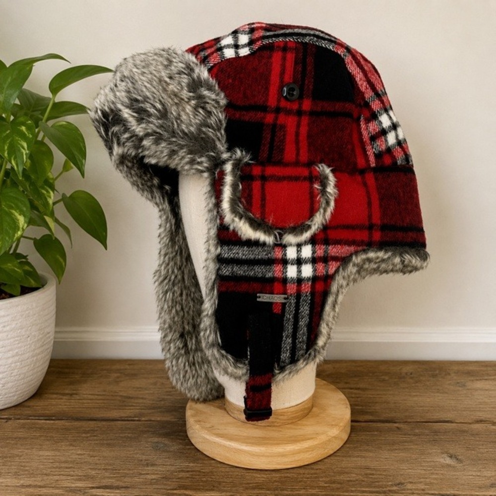Chaos Youth O/S Trapper Hat Red Plaid Faux Fur Lined Winter Ear Flap NWOT